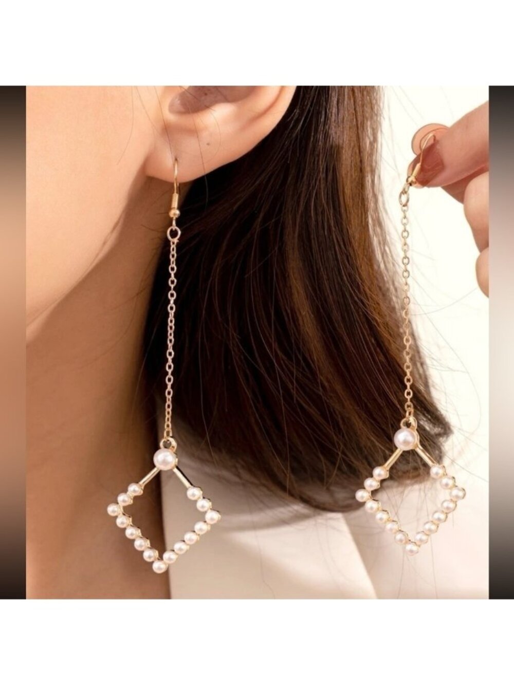 GOLD Faux Pearl Triangle Drop Earrings